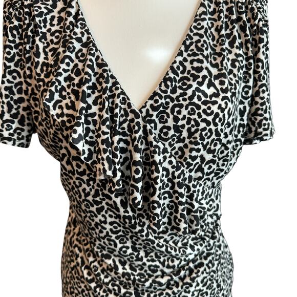 WHITE HOUSE BLACK MARKET Top Womens M Leopard Print Ruffle Knit Animal Boho - Picture 6 of 8